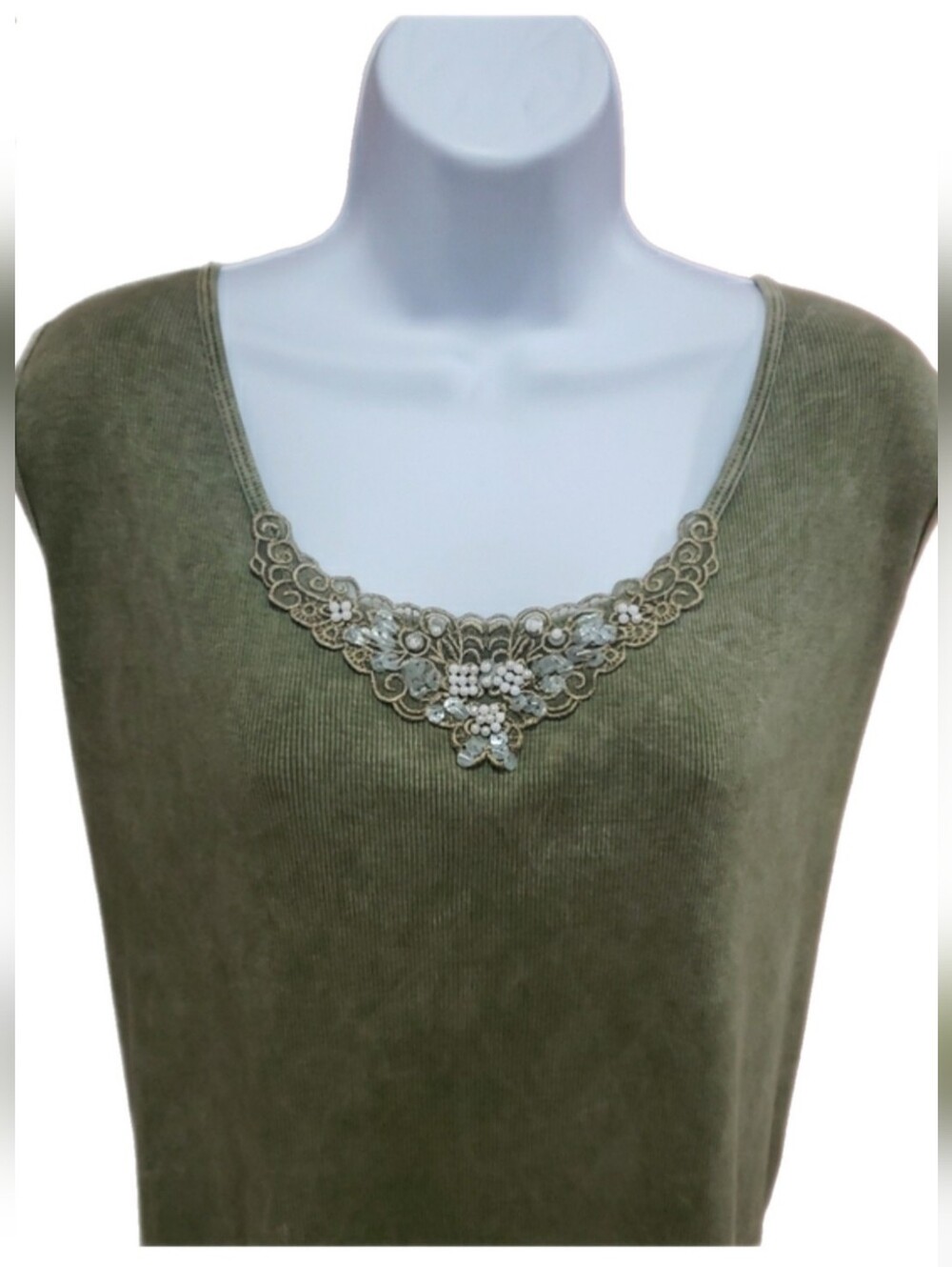 Apt. 9 Olive Green Sleeveless Ribbed Tank with Jeweled Neckline, 3X
